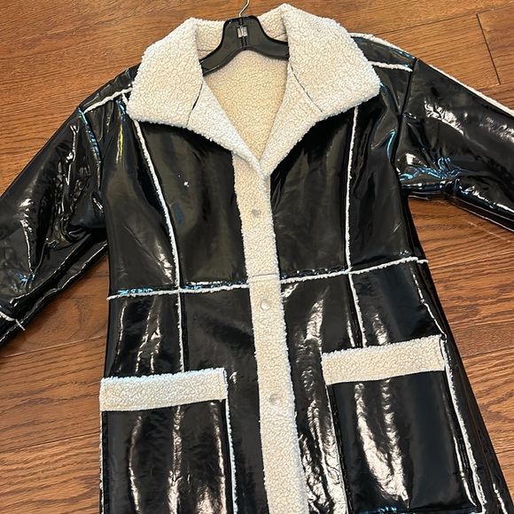 NEW “ HOST PICK” Black Faux Patent leather coat with shearling cuffs! - Picture 3 of 6